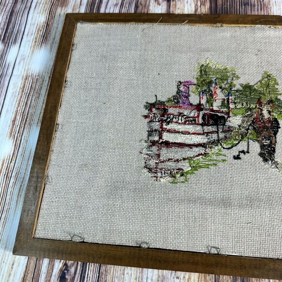 Vintage Cross Stitch Horse Ferry Boat Trees Water Complete Framed Finished 15x12 - Picture 9 of 11